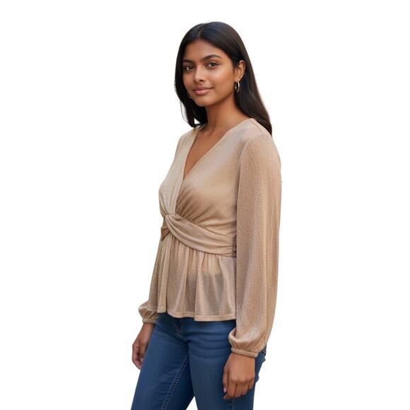 Faux Wrap Shimmer Peplum Blouse Womens 1X Rose Gold Glitter Top Dressy Holiday - Picture 1 of 12